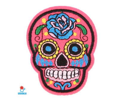 Antsiuvas medžiaginis Skull Hot Pink; 7.5x5.5cm