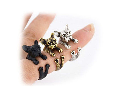 Žiedas Prancūzų buldogas juodos spalvos; pritaikomo dydžio